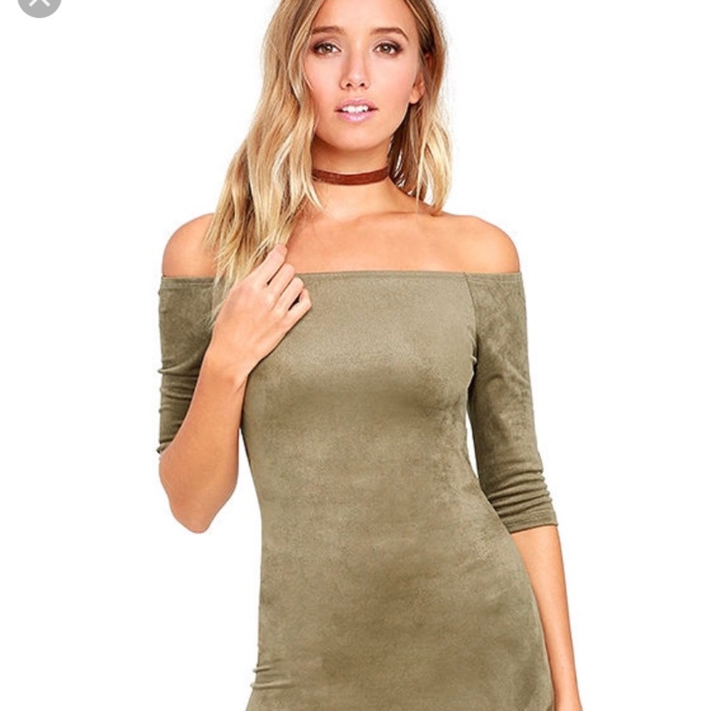 Olive green shade off the shoulder dress.